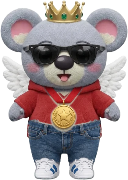 A 3D koala wearing a crown, sunglasses, a hoodie and jeans